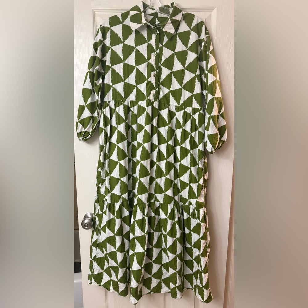 MAEVE by ANTHROPOLOGIE Bettina Green Geometric Print Tiered Dress Small S NWOT - Picture 3 of 6